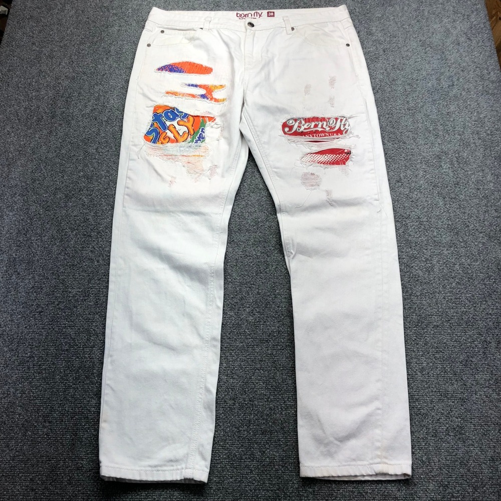Y2K White Distressed Graphic Patch Jeans Size 38 Streetwear Straight